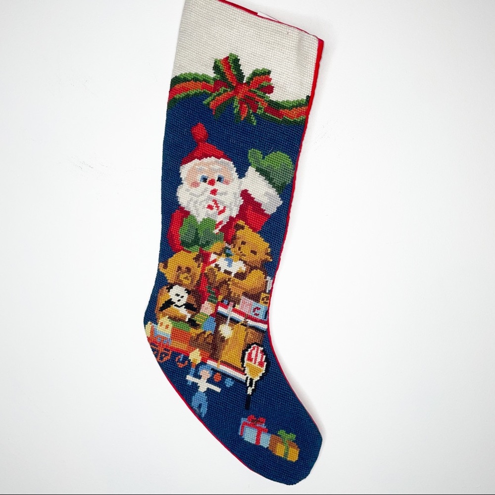 Vintage Christmas Stocking Santa Wool Needlepoint Cotton Backing - Picture 10 of 13